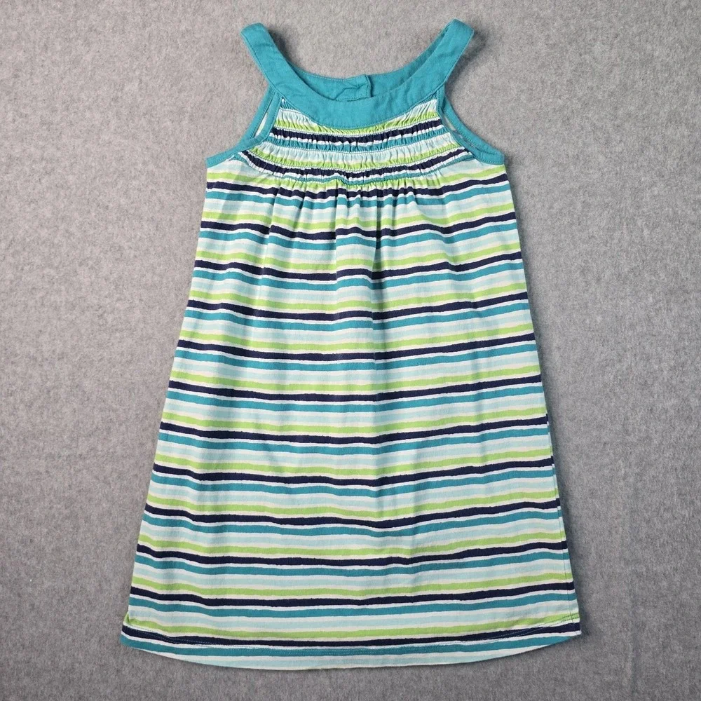Crazy 8‎ Striped Sleeveless Dress Girls Size S 5-6 Teal Blue Green Smocked Knit